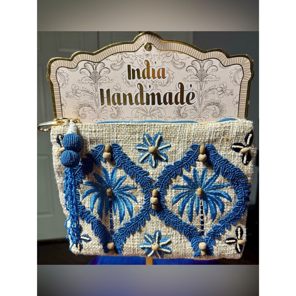 NWT India Handmade Blue Beaded Palm Tree Zipper Pouch Clutch